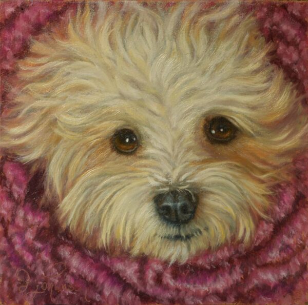 A painting of a dog with a pink blanket.