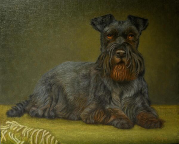 A painting of a dog sitting on the ground