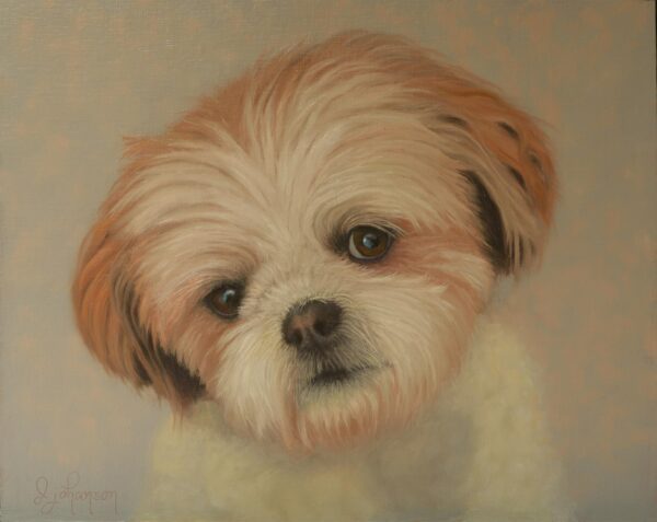 A painting of a dog with brown and white fur.