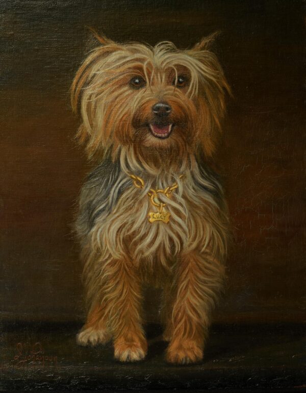 A painting of a dog with a collar on.